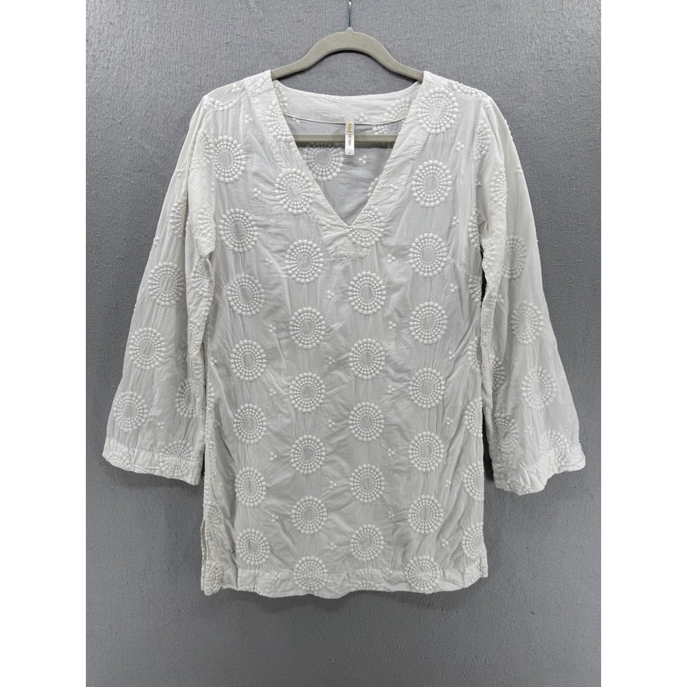 Helen Jon Cover Up Tunic S White Embroidered Boho Resort Vacation Coastal Luxe